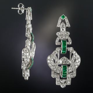 Long Art Deco Platinum Diamond Emerald Earrings