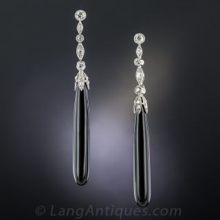 Long Art Deco Platinum Onyx Diamonds Earrings - 2