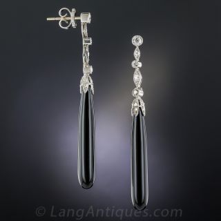 Long Art Deco Platinum Onyx Diamonds Earrings