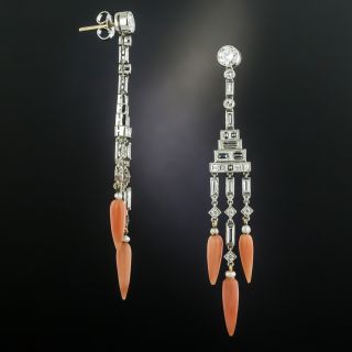 Long Art Deco Style Diamond and Coral Dangle Earrings - 2