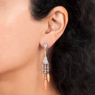 Long Art Deco Style Diamond and Coral Dangle Earrings