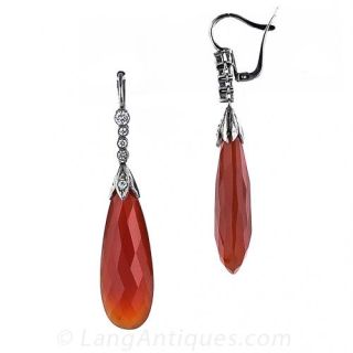 Long Carnelian and Diamond Drop Earrings