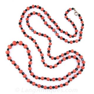 Long Coral and Onyx Necklace