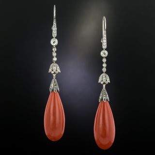 Long Edwardian Coral and Diamond Drop Earrings - 2