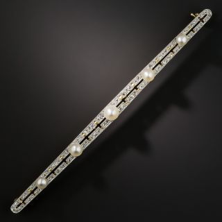 Long Edwardian Natural Pearl and Diamond Bar Pin - 2
