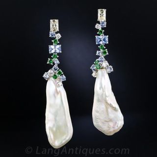 Long Freshwater Pearl and Multi-Colored Gemstone Earrings