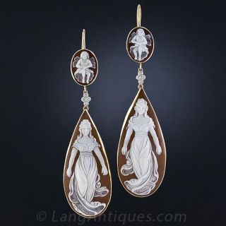 Long Shell Cameo Drop Earrings - 1