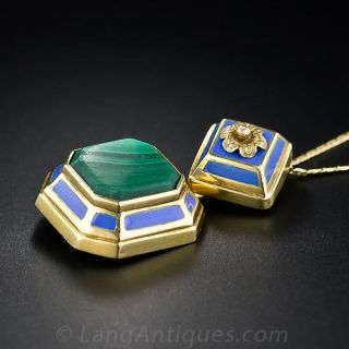 Malachite and Blue Enamel Locket Necklace