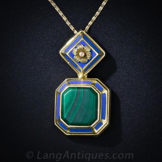 Malachite and Blue Enamel Locket Necklace - 3