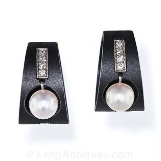 Marsh & Company Iron, Pearl, and Diamond Clip Earrings