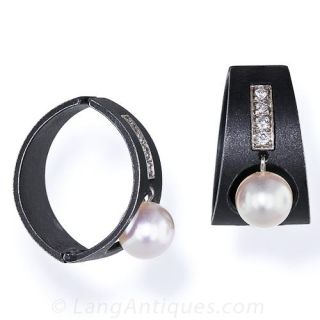 Marsh & Company Iron, Pearl, and Diamond Clip Earrings