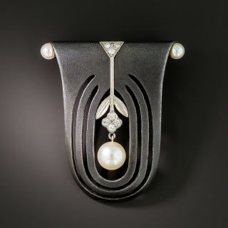 Marsh and Company Oxidized Steel Pearl and Diamond Brooch - 2