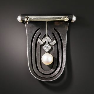 Marsh & Company Oxidized Steel Pearl and Diamond Brooch