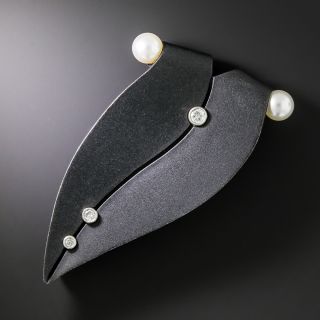 Marsh & Co. Blackened Steel Pearl and Diamond Leaf Brooch - 2