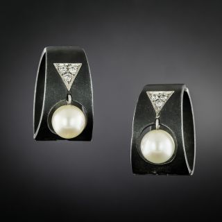 Marsh & Co. Cultured Pearl, Diamond and Blackened Steel Hoop Clip Earrings - 3