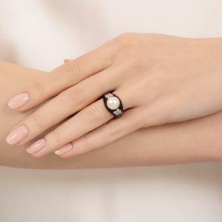 Marsh & Co. Cultured Pearl, Diamond and Blackened Steel Ring, Size 4