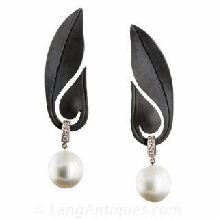 Marsh & Co. Pearl and Black Steel Leaf Earrings