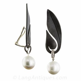 Marsh & Co. Pearl and Black Steel Leaf Earrings