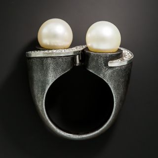 Marsh & Company Blackened Steel Pearl and Diamond Ring - 5