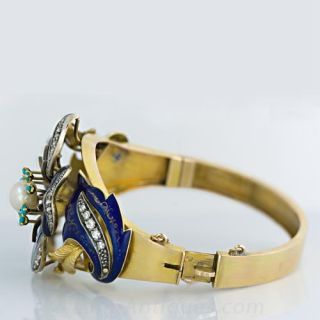 Mid 19th Century Enameled Bracelet with Diamonds, Pearl and Turquoise
