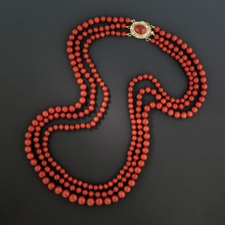 Mid-20th Century Triple-Strand Red Coral Necklace 