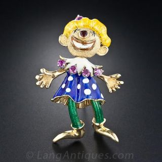 Mid-Century 18 Karat, Enamel and Ruby Clown Brooch