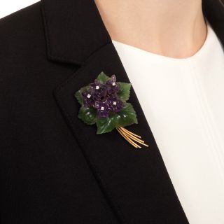 Mid-Century 18K Carved Amethyst, Nephrite and Diamond Flower Brooch