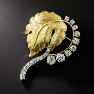 Mid-Century 18K Diamond Leaf Brooch - 3