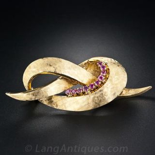 Mid-Century 18K Gold and Ruby Brooch