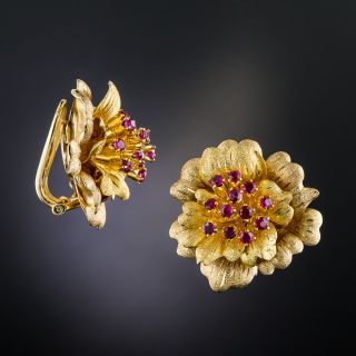Mid-Century 18K Gold and Ruby Flower Earrings