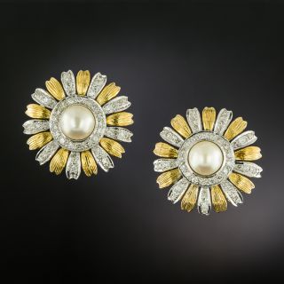 Mid-Century 18K Pearl and Diamond Sunflower Earrings - 3