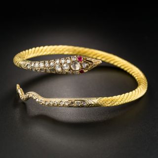 Mid-Century 18K Rose-Cut Diamond Snake Bracelet