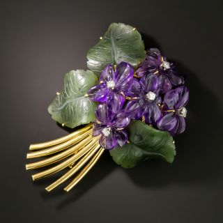 Mid-Century Amethyst and Nephrite Jade Floral Spray Brooch - 2