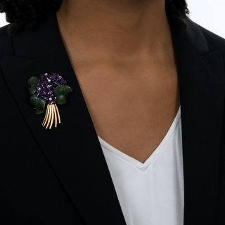 Mid-Century Amethyst and Nephrite Jade Floral Spray Brooch
