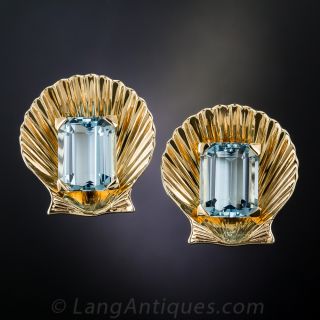 Mid-Century Aquamarine Shell Earrings - 1