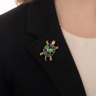 Mid-Century Blue and Green Enamel Turtle Brooch