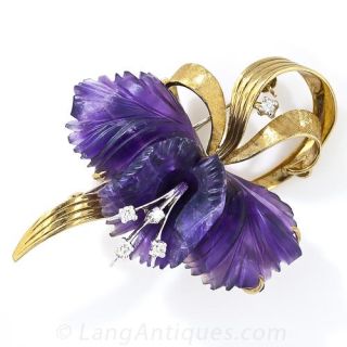 Mid-Century Carved Amethyst and Diamond Orchid Brooch