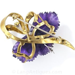 Mid-Century Carved Amethyst and Diamond Orchid Brooch