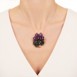 Mid-Century Carved Amethyst and Nephrite Jade Floral Pendant/Brooch