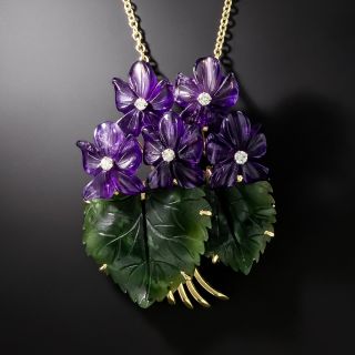 Mid-Century Carved Amethyst and Nephrite Jade Floral Pendant/Brooch - 2