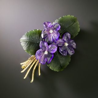 Mid-Century Carved Amethyst, Nephrite and Diamond Floral Brooch - 2