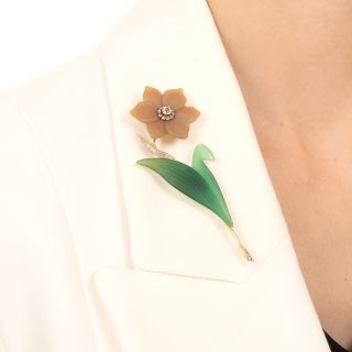 Mid-Century Carved Chalcedony, Golden Sapphire* and Diamond Floral Brooch