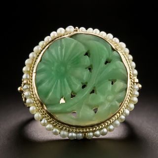 Mid-Century Carved Jadeite and Seed Pearl Halo Ring - 3