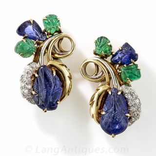 Mid-Century Carved Sapphire, Emerald and Diamond Earrings - 1
