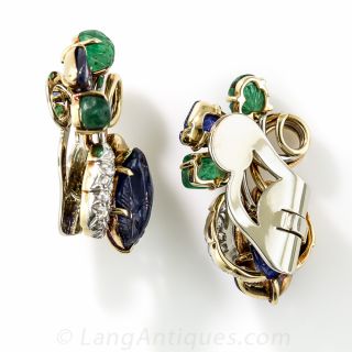 Mid-Century Carved Sapphire, Emerald and Diamond Earrings