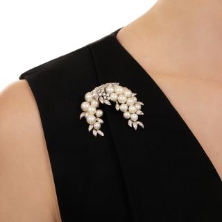 Mid-Century Cascading Pearl and Diamond Brooch