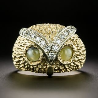 Mid-Century Cat's Eye Chrysoberyl and Diamond Owl Ring - 2