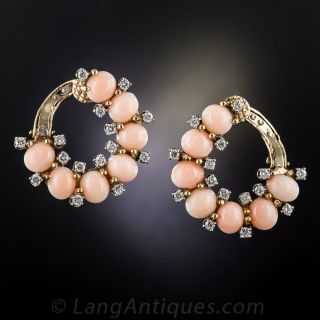 Mid-Century Coral and Diamond Clip Earrings