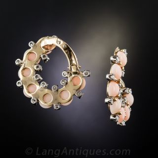 Mid-Century Coral and Diamond Clip Earrings