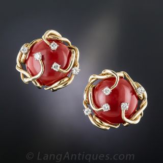 Mid-Century Coral and Diamond Ear Clips - 2